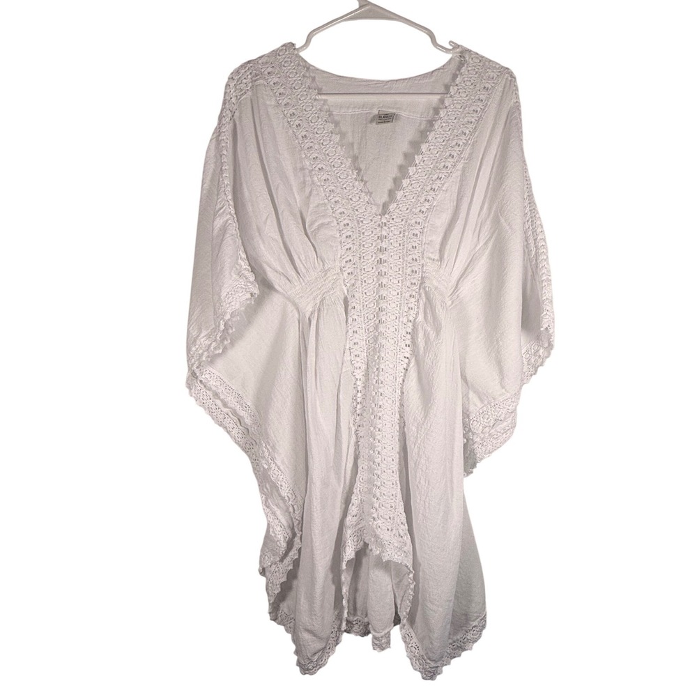Blanco White Cotton Gauze Crochet Lace Kaftan Top Smocked Waist Large